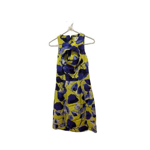 Milly Size 0 Ivy Print on Silk Cotton Faille Cut-Out Mini Dress in Lemon floral - Picture 3 of 13